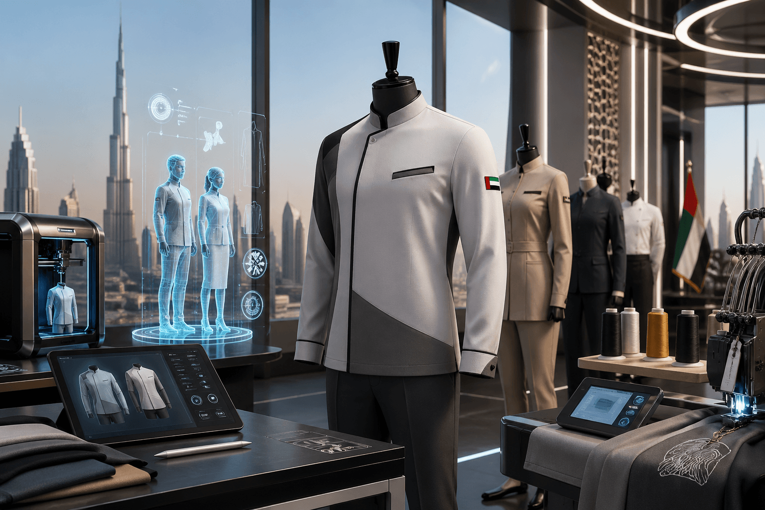 Futuristic 3D uniform design studio in UAE featuring modern workwear prototypes, digital garment modeling, and advanced fashion technology in 2026