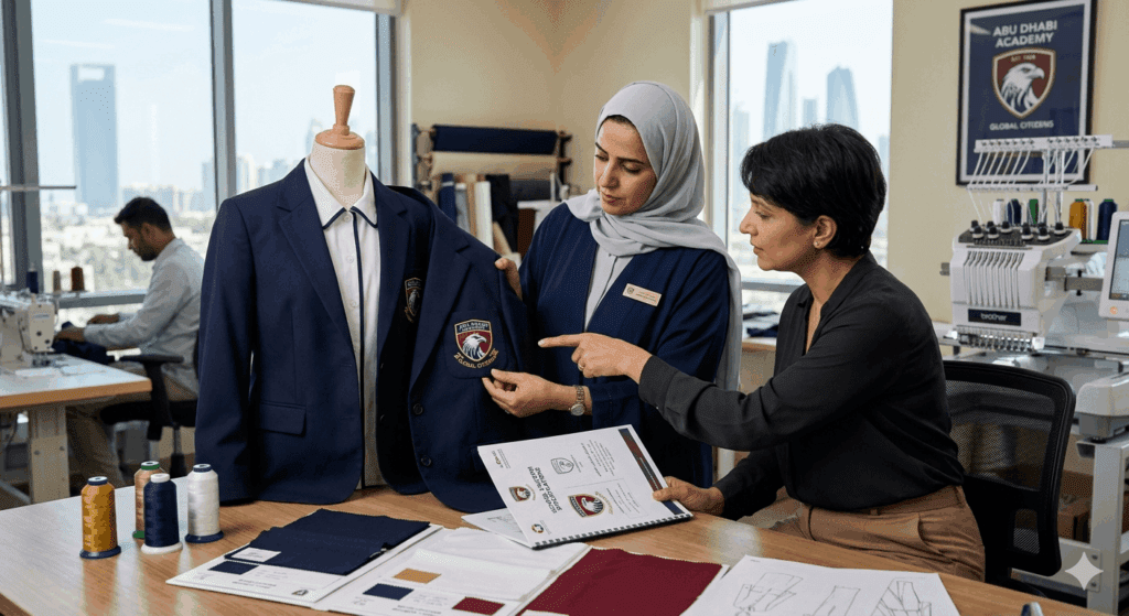 School uniform manufacturers Abu Dhabi reviewing fabric sample and logo embroidery