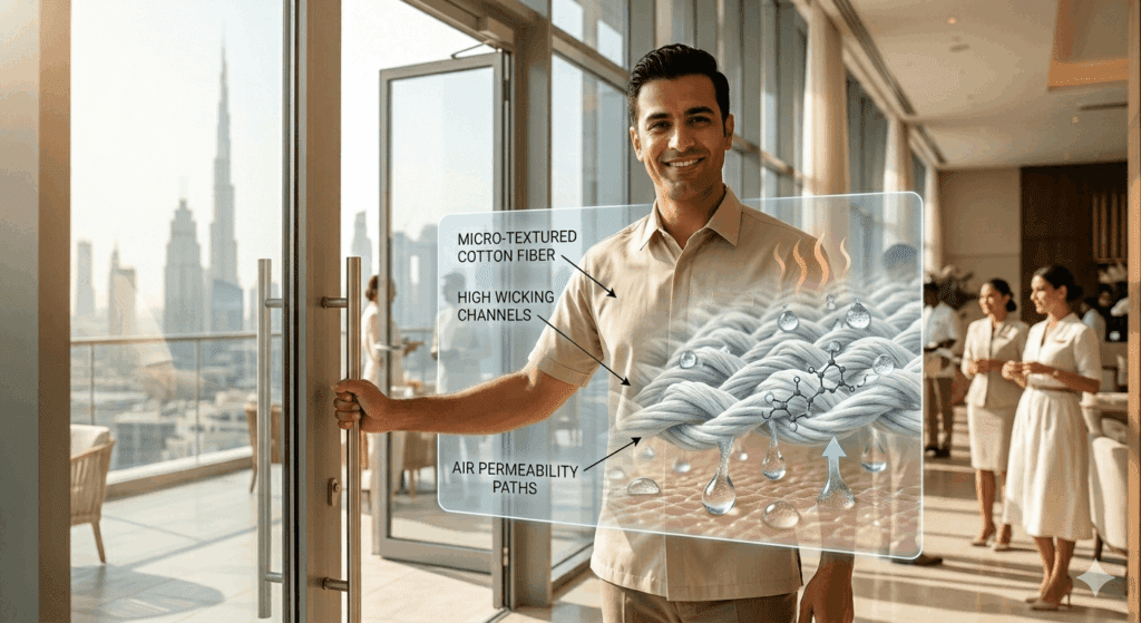 Diverse professionals wearing breathable cotton and linen uniforms on a Dubai balcony with the Burj Khalifa in the background, representing heat-resistant workwear.