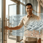Diverse professionals wearing breathable cotton and linen uniforms on a Dubai balcony with the Burj Khalifa in the background, representing heat-resistant workwear.