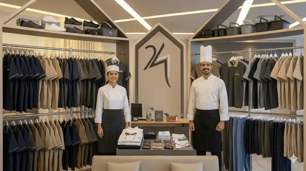 Professional chef in white double-breasted chef jacket and apron in a UAE hotel kitchen — heat-resistant kitchen workwear