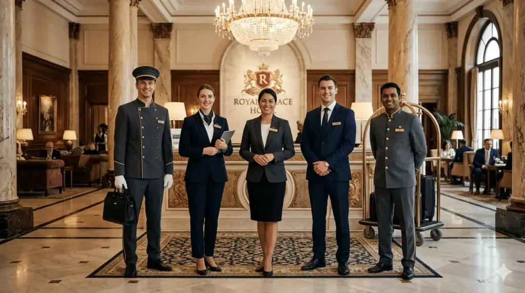 Professional hotel staff wearing branded hospitality uniforms in a luxury Abu Dhabi hotel lobby — front desk and concierge team 2026