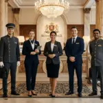 Professional hotel staff wearing branded hospitality uniforms in a luxury Abu Dhabi hotel lobby — front desk and concierge team 2026