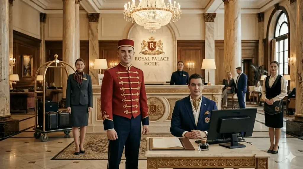 Hotel concierge and bell staff in formal branded uniforms with epaulettes at a 5-star hotel entrance in Abu Dhabi