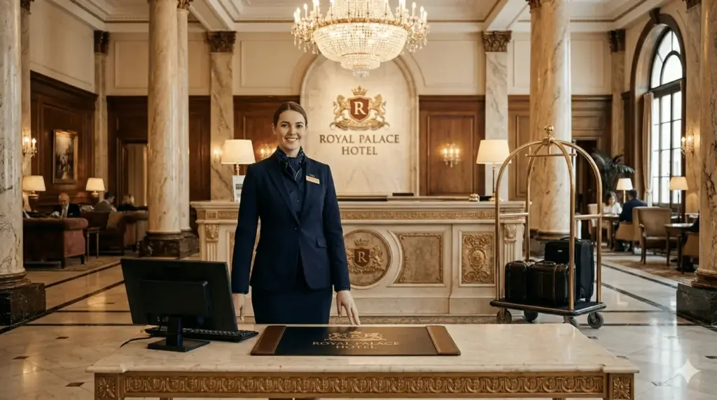 Hotel receptionist in tailored navy front desk uniform at a Dubai hotel check-in counter with branded name badge