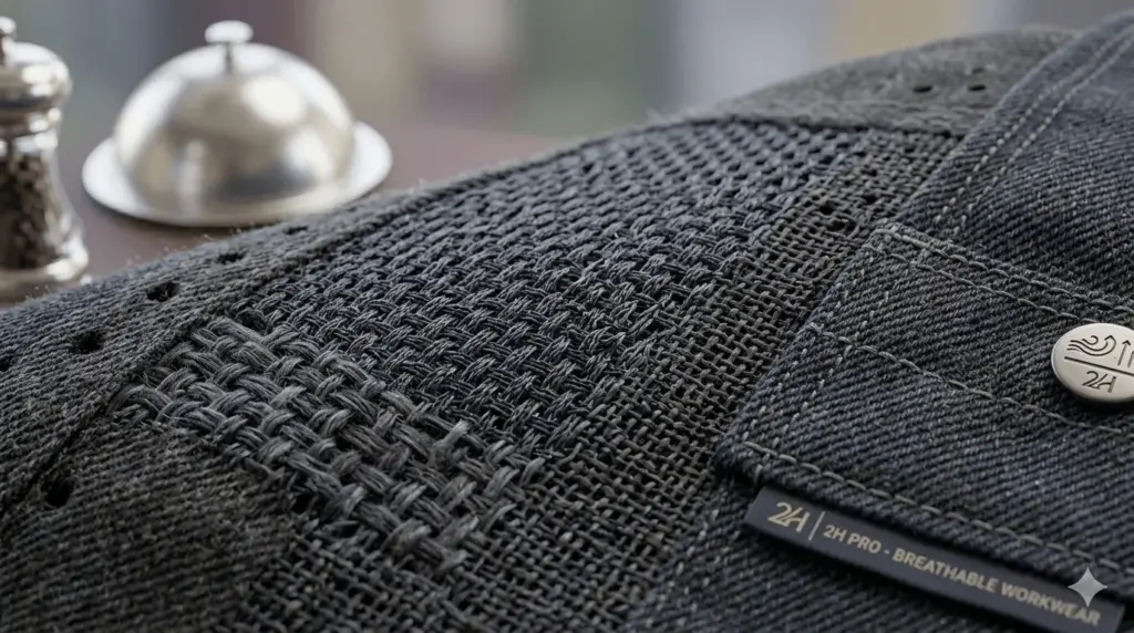 Close-up of breathable moisture-wicking fabric used in UAE hotel staff uniforms — cotton-polyester blend for Abu Dhabi summer heat