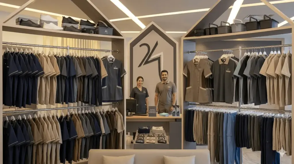 Hotel housekeeping staff in practical poly-cotton uniform with embroidered logo — Abu Dhabi hotel workwear