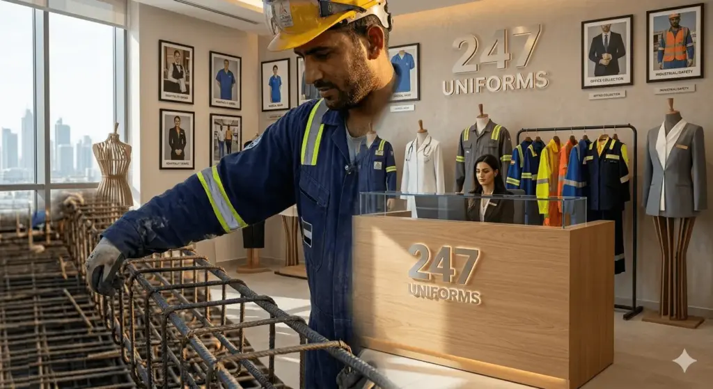 Industrial workers in custom safety uniforms UAE — 247 Uniforms Abu Dhabi