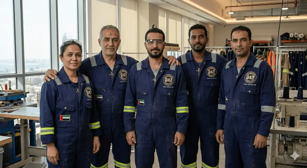 Cohesive industrial team in custom branded safety uniforms — UAE workwear by 247 Uniforms