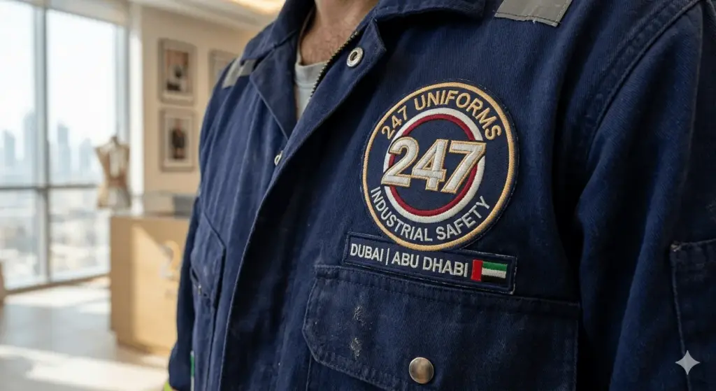 Company logo embroidery on industrial uniform UAE — custom branded workwear by 247 Uniforms