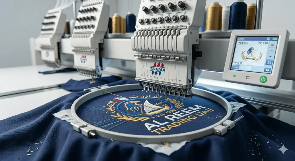 embroidery machine stitching logo on uniform in Dubai textile workshop