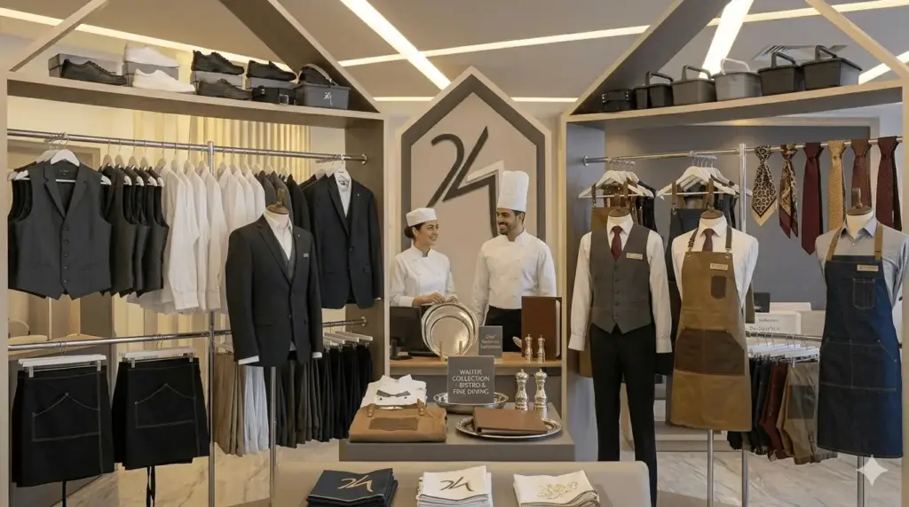 Hotel restaurant waiter in branded F&B uniform with apron serving guests at a fine dining venue in Dubai