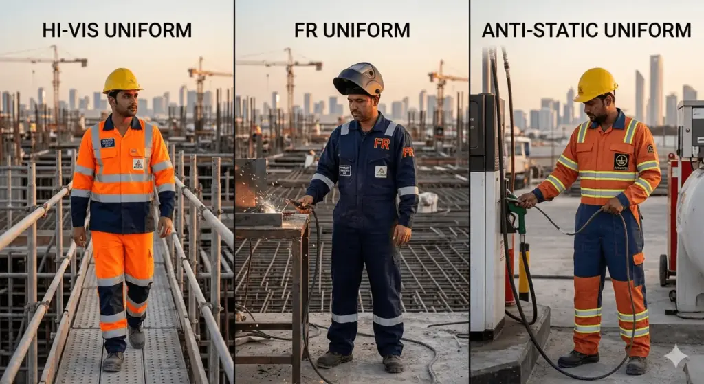 Types of industrial safety uniforms in UAE — hi-vis, FR, anti-static workwear by 247 Uniforms