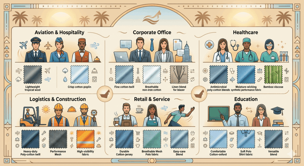 A collage showing different workers—a construction engineer in light khakis, a chef in a white coat, and a delivery driver—representing heat-appropriate fabrics for work uniforms various UAE industries.