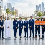 Custom uniform manufacturers in UAE displaying hotel, corporate and industrial staff uniforms in Abu Dhabi production facility