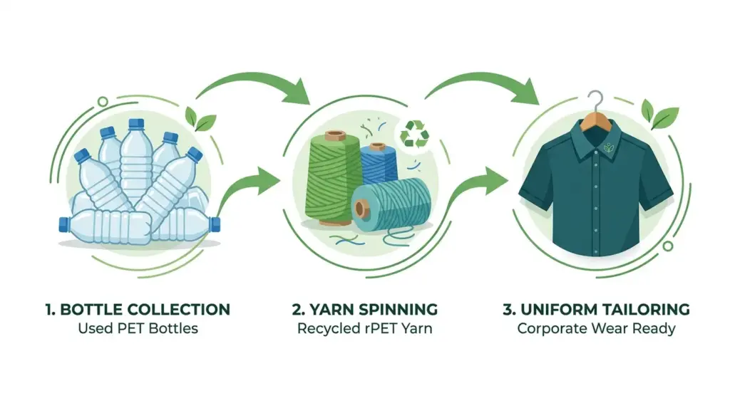 Infographic showing the lifecycle of recycled sustainable corporate uniforms in UAE