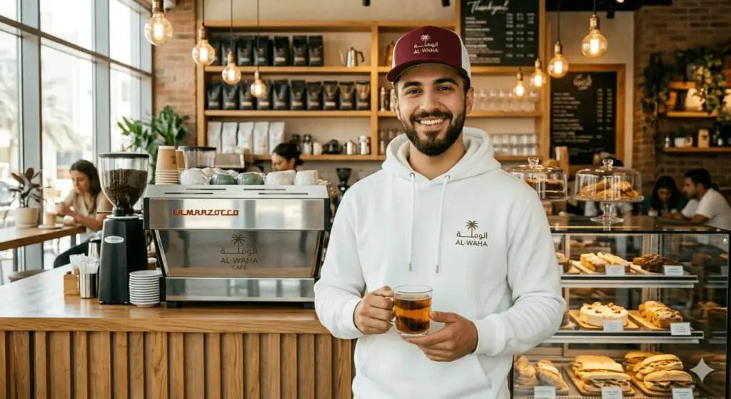 Branded hoodie and cap uniform for café staff in Abu Dhabi UAE
