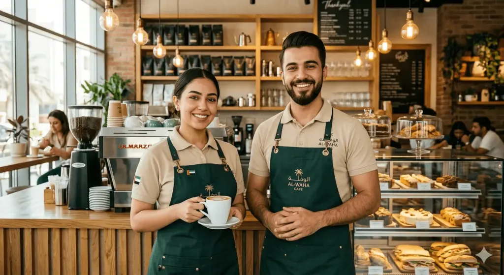 cafe staff wearing custom branded uniforms in uae 2026