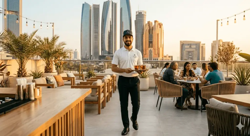 Custom embroidered logo on restaurant uniform in UAE