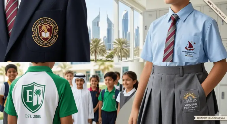 Custom school uniforms with embroidered logos representing private school identity in UAE