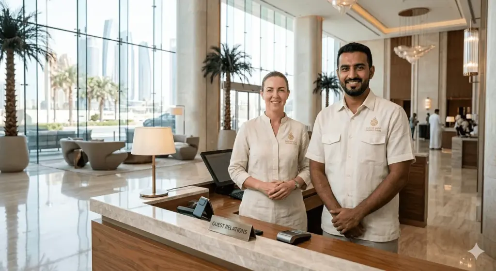 hotel hospitality staff summer uniform Abu Dhabi UAE front desk team 247 uniforms