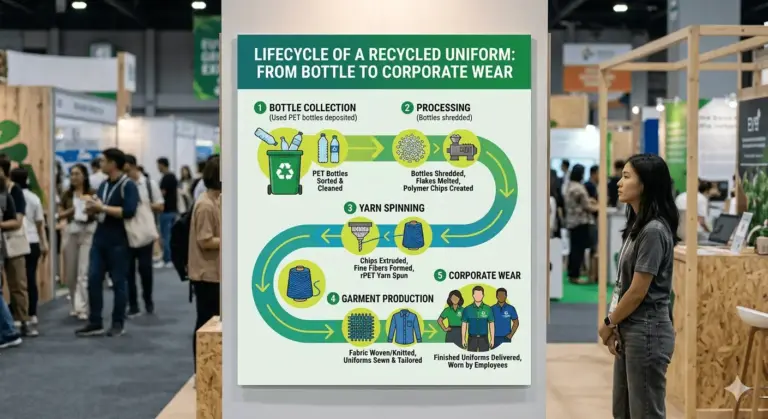 Infographic showing the lifecycle of recycled sustainable corporate uniforms in UAE