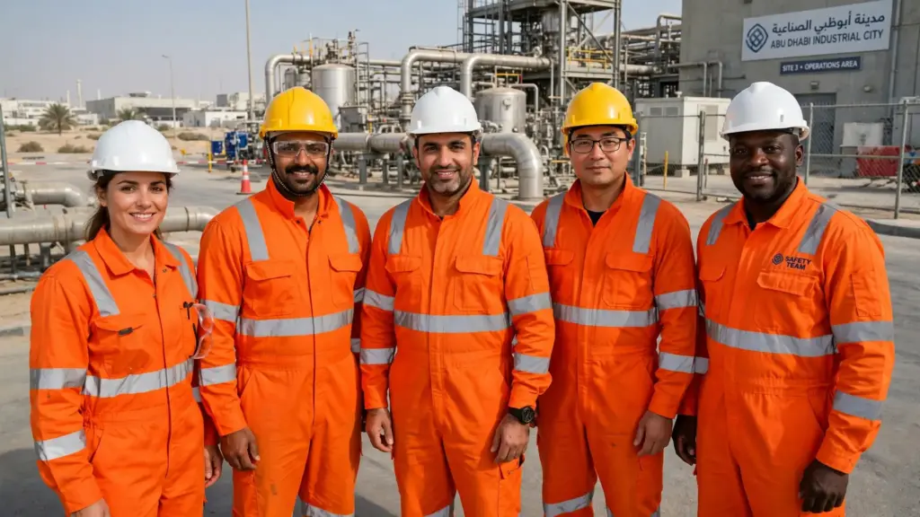 bulk industrial coverall order Abu Dhabi facility team uniforms