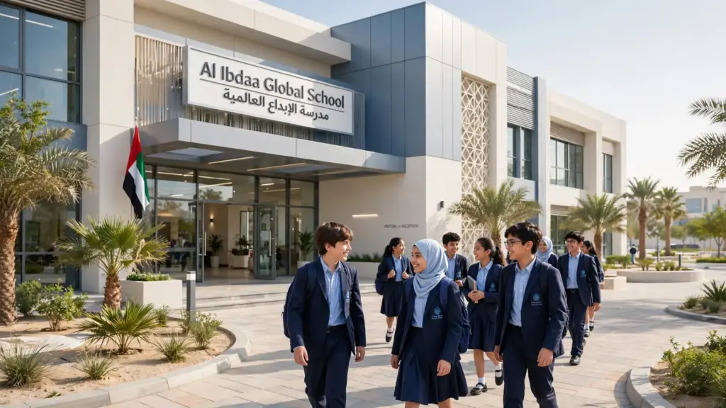 New school building in UAE with students in coordinated school uniforms