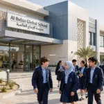 New school building in UAE with students in coordinated school uniforms