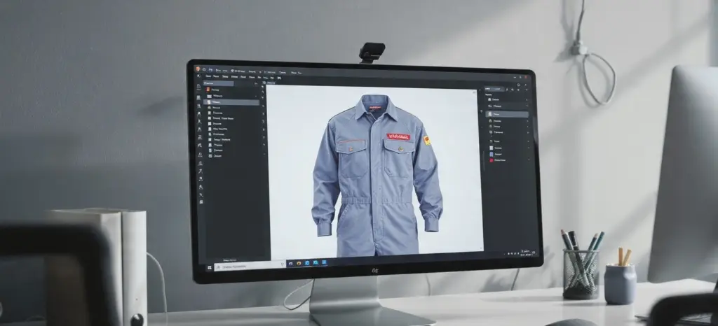 3D design preview of custom industrial coveralls before production