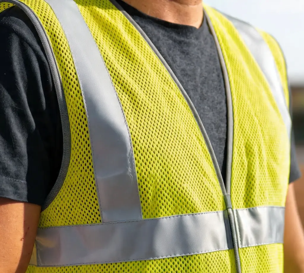 Close-up product photograph of a reflective hi-vis safety vest with breathable mesh backing, laid flat or worn by a worker at chest level, natural daylight, focus on reflective strip detail and mesh texture