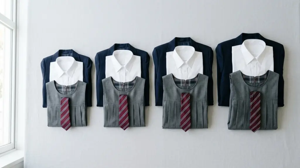 Bulk private school uniform sets folded and arranged by size for UAE schools
