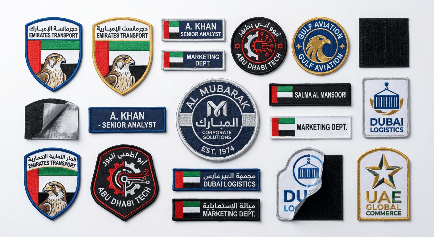 Collection of embroidered patches for uniforms showing sew-on, iron-on, and Velcro backing options for UAE corporate branding
