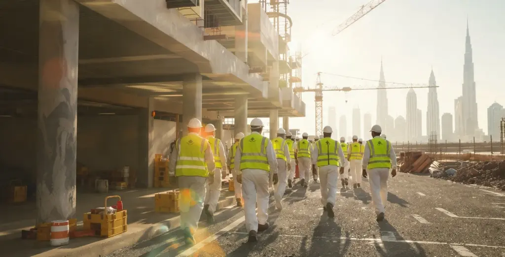 outdoor construction workers heading to shaded rest area during UAE midday break