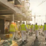 outdoor construction workers heading to shaded rest area during UAE midday break