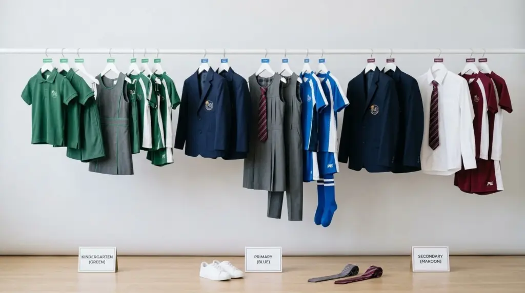 Private school uniforms hung and color-coded by grade level UAE