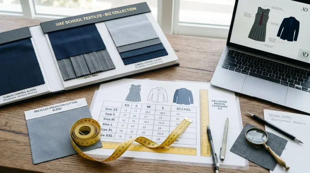 School uniform fabric swatches and sizing chart for bulk order planning UAE