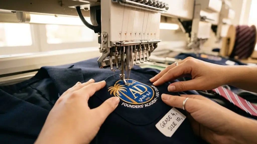 Embroidering a school uniform logo on a blazer at 247 Uniforms UAE