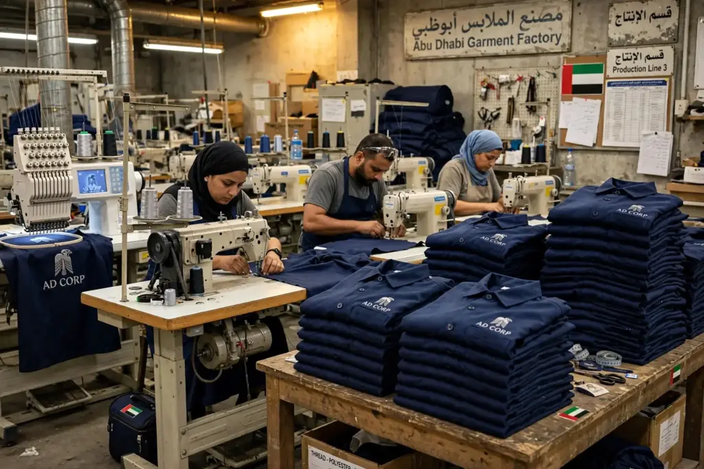 In-house uniform manufacturing and embroidery process in Abu Dhabi