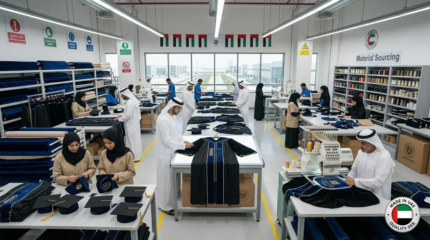 Graduation wear abu dhabi uae — diverse group of university graduates celebrating at UAE campus by 247 Uniforms
