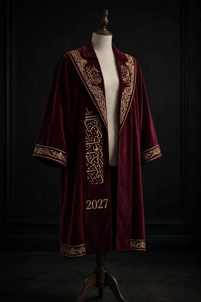 Graduation gown with gold Arabic calligraphy embroidery, popular UAE trend