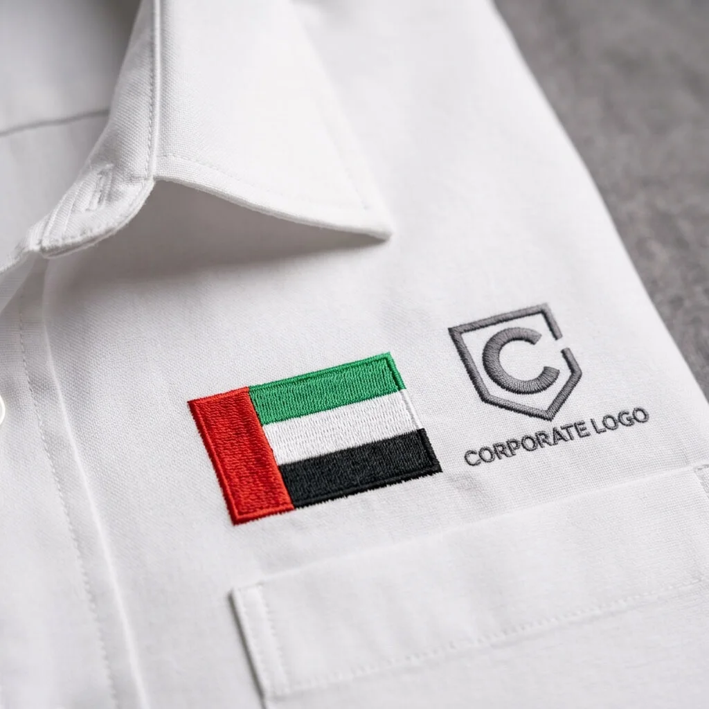 Embroidered UAE flag emblem and logo branding on corporate uniform