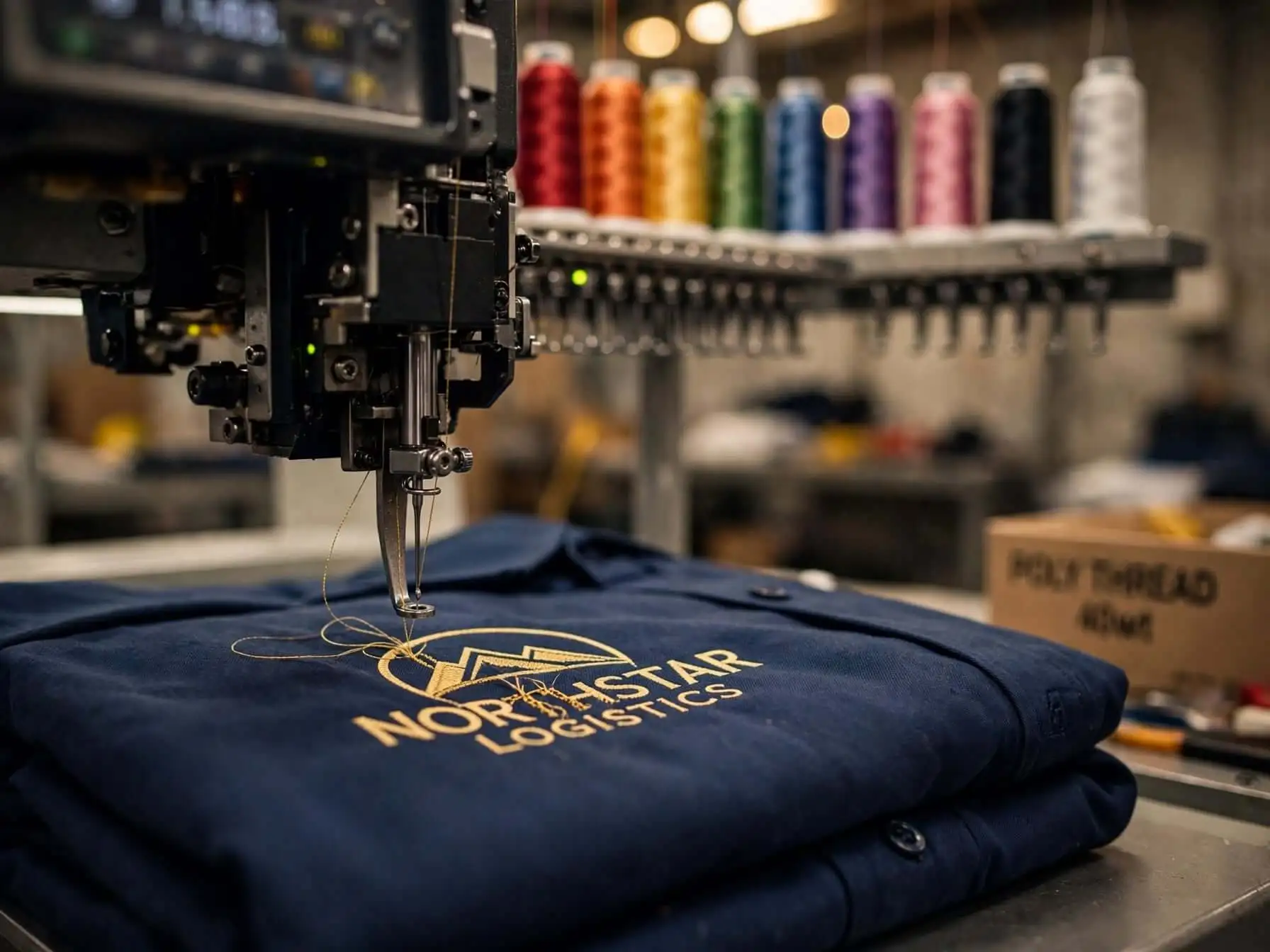 Embroidery machine running uniform production in the Abu Dhabi workshop