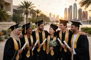 Graduation wear in UAE 2026/27 — students wearing gowns and caps at university ceremony