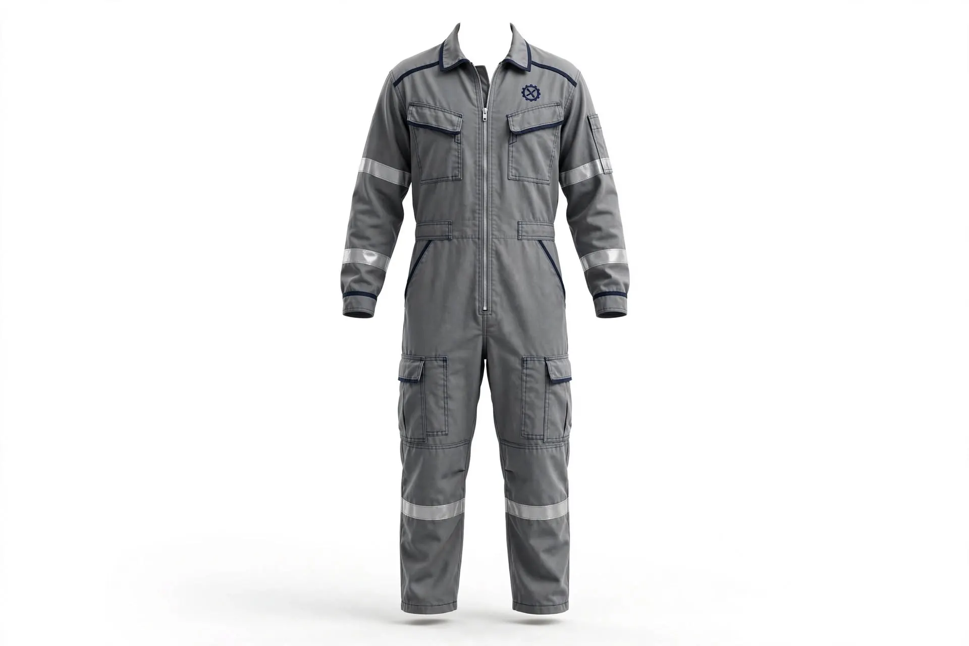 Grey aircraft engineer coverall with reflective strips for hangars and MRO teams in UAE