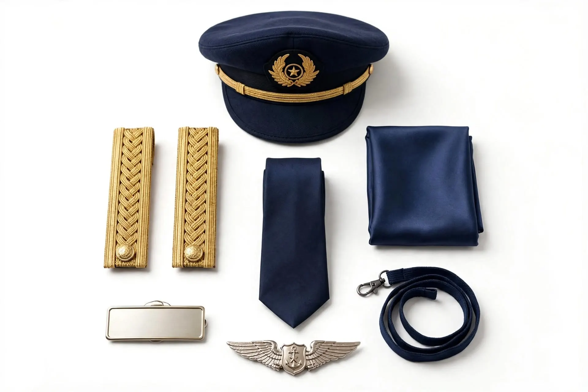 Aviation uniform accessories including pilot cap, epaulettes, scarf, tie and wings badge
