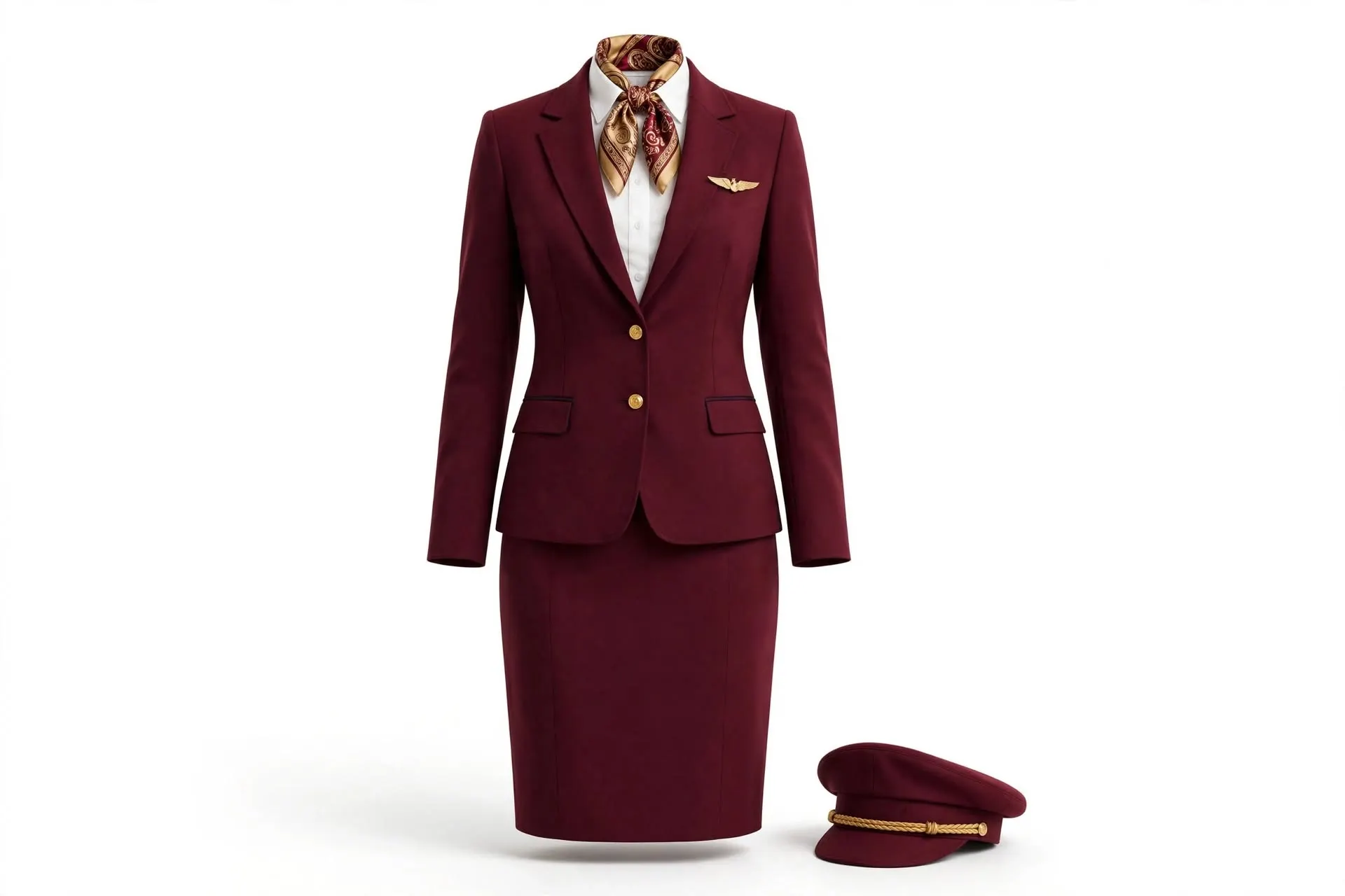 Cabin crew uniform with tailored jacket, skirt and silk scarf for airlines in UAE