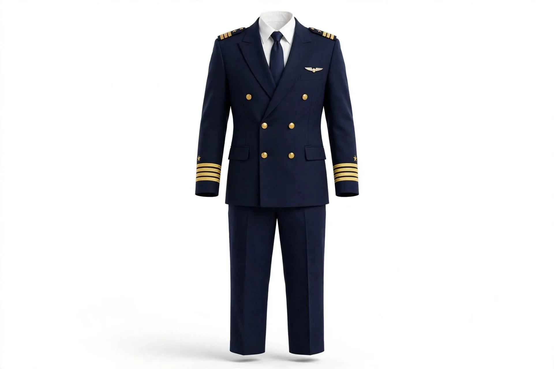 Navy pilot uniform with gold epaulettes and sleeve stripes for airlines in UAE width=