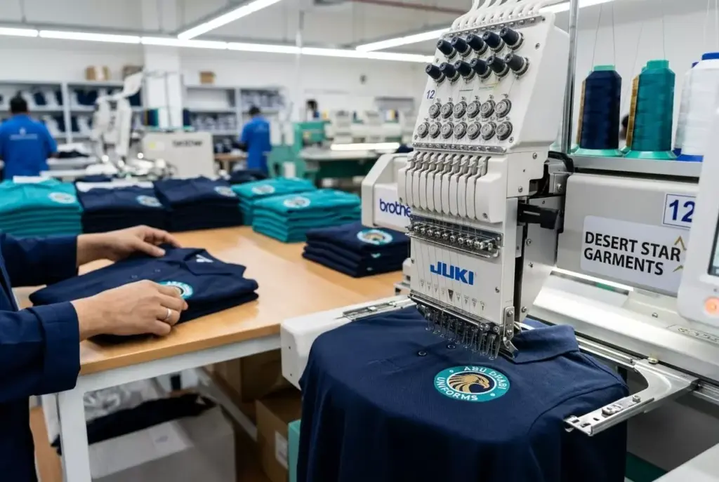 247 Uniforms team checking embroidery placement and fabric samples in the Mussaffah factory, Abu Dhabi